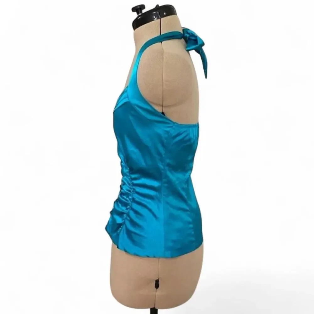 Y2K NWT Poetry blue halter top with button front and ruched details, size M.
